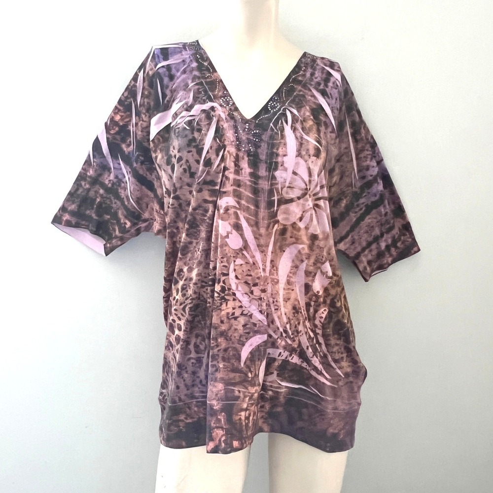 New Directions Top Womens XL Purple Animal Floral Rhinestone Blouse MA1808L41I - Picture 2 of 9